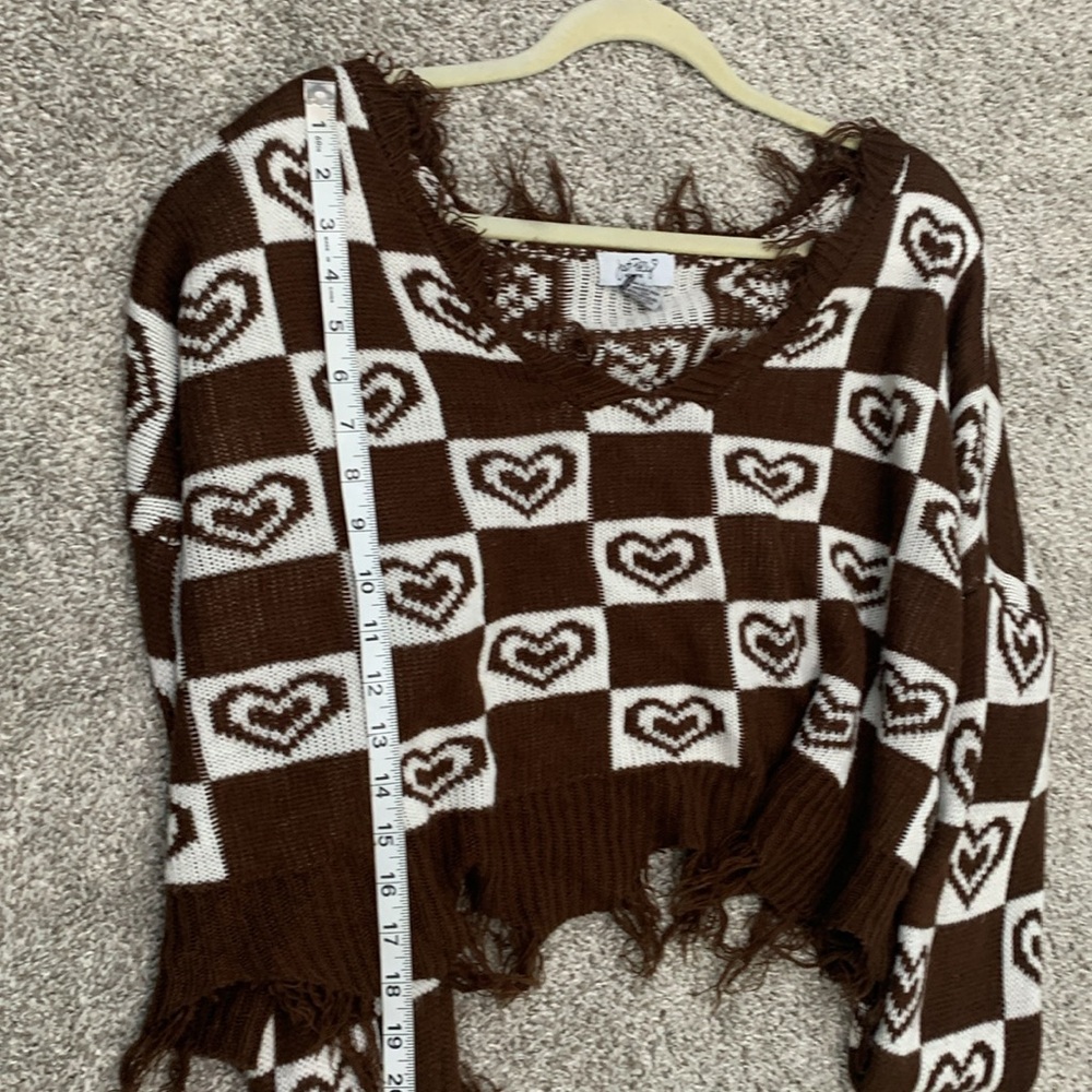 Just Polly Checkered Heart Graphics Distressed Oversized Slouchy Sweater - Picture 6 of 7
